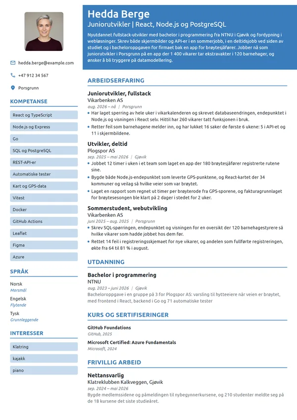 CV-eksempel for nyutdannet fullstack-utvikler