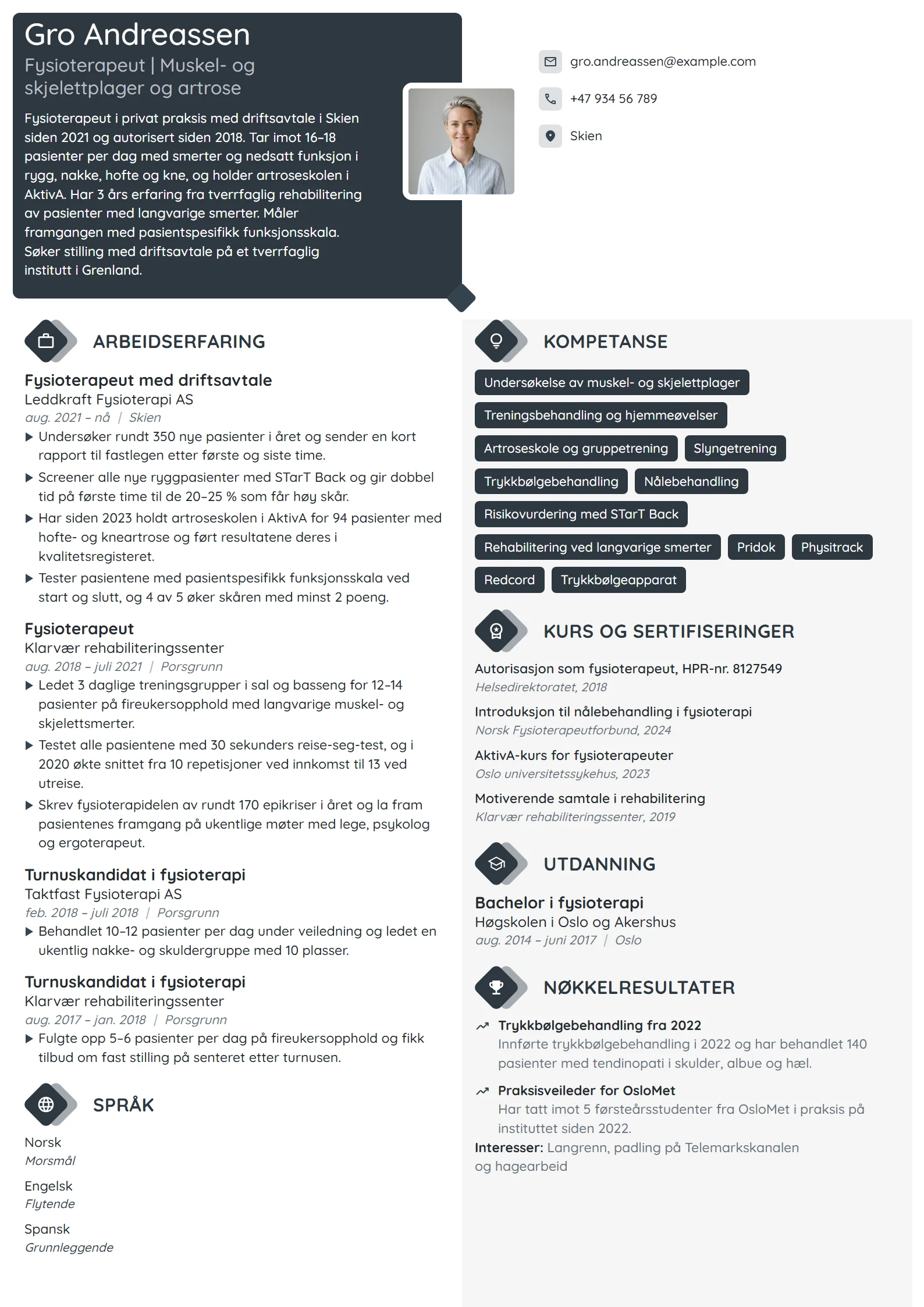 CV-eksempel for fysioterapeut i privat praksis