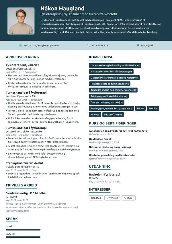 CV-eksempel for nyutdannet fysioterapeut