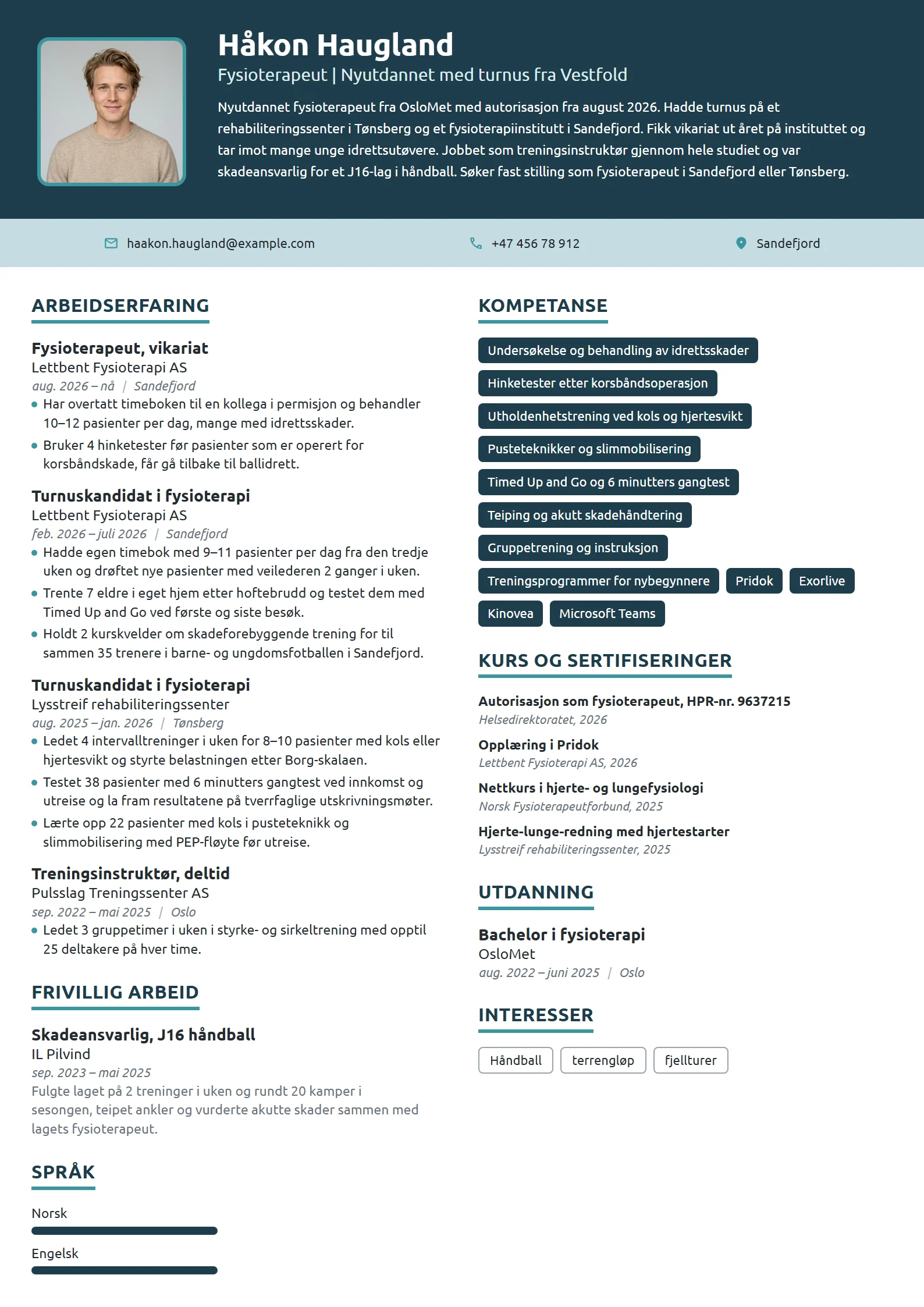 CV-eksempel for nyutdannet fysioterapeut