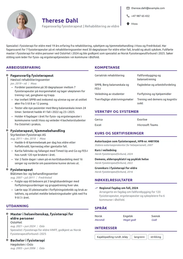 CV-eksempel for spesialist i fysioterapi for eldre