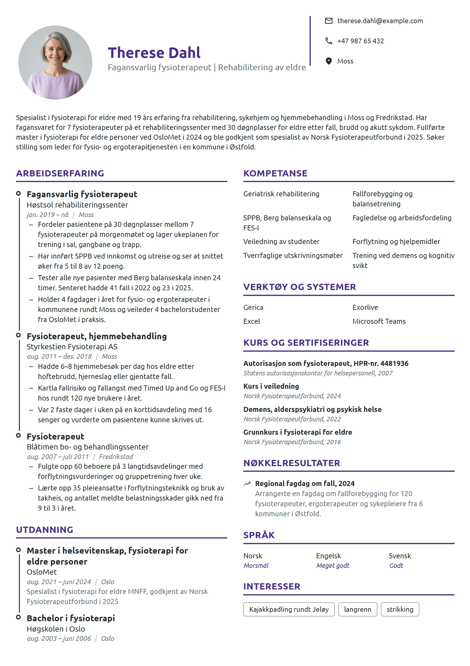 CV-eksempel for spesialist i fysioterapi for eldre