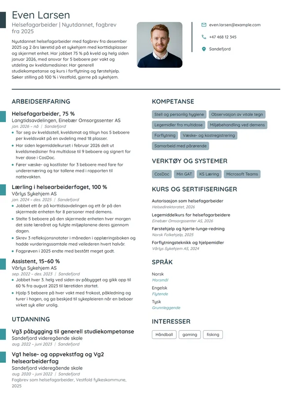 CV-eksempel for nyutdannet helsefagarbeider