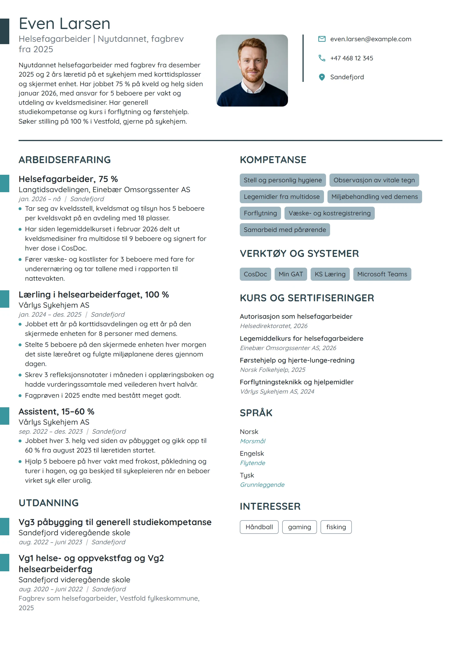 CV-eksempel for nyutdannet helsefagarbeider