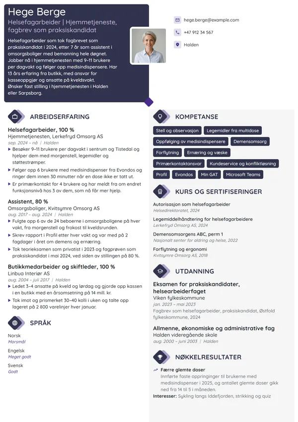 CV-eksempel for helsefagarbeider, praksiskandidat
