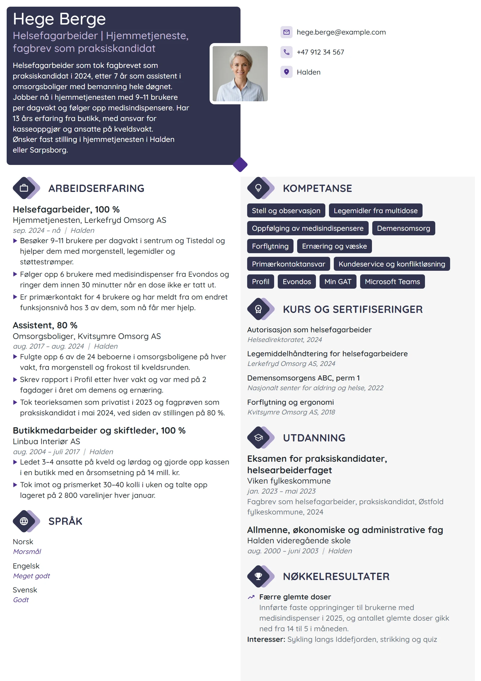 CV-eksempel for helsefagarbeider, praksiskandidat