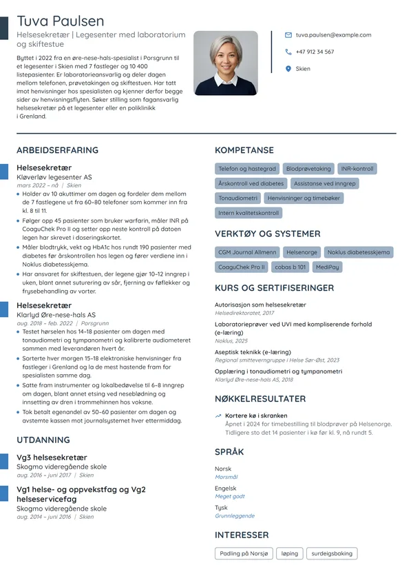 CV-eksempel for helsesekretær på legesenter