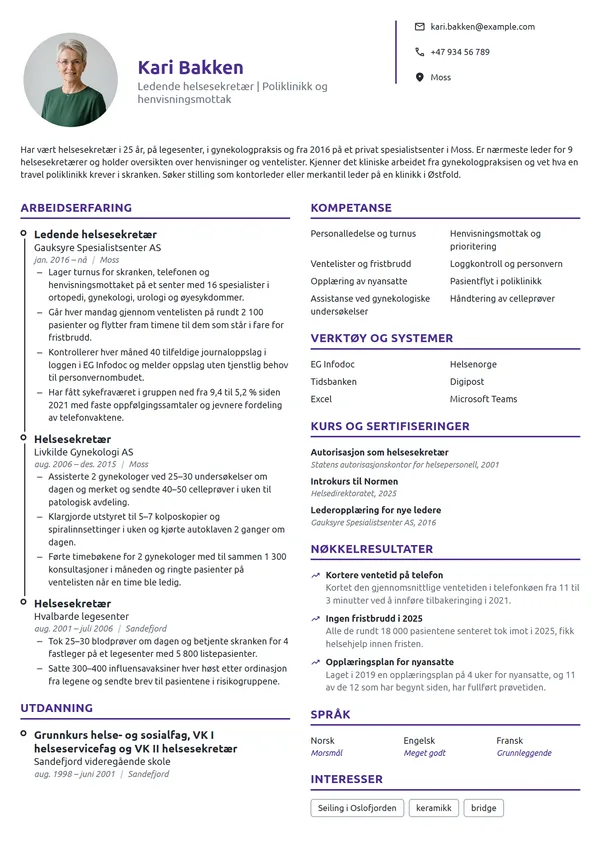 CV-eksempel for ledende helsesekretær