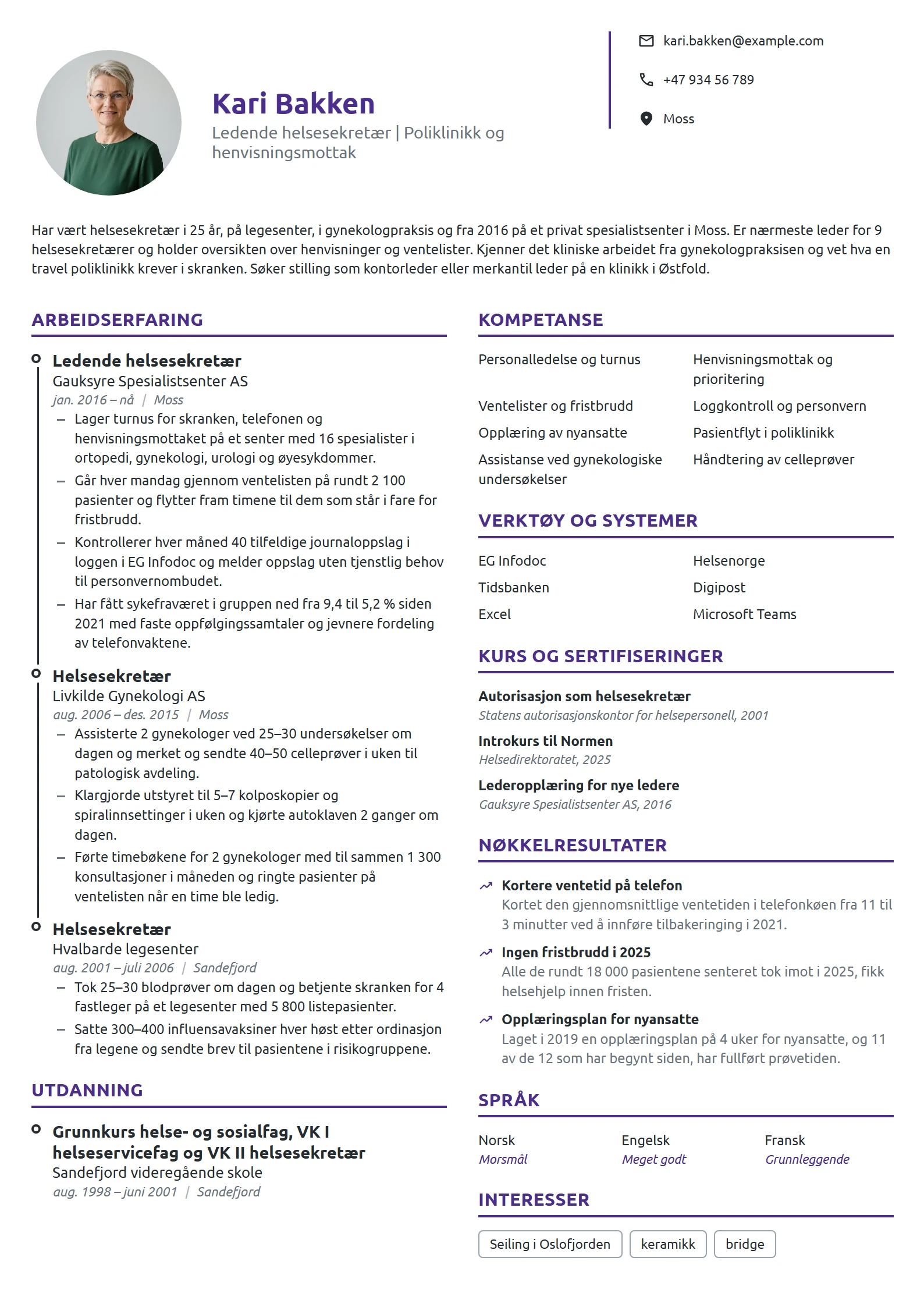 CV-eksempel for ledende helsesekretær