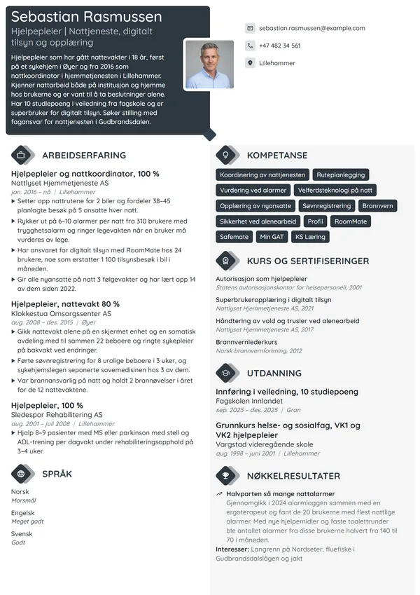 CV-eksempel for hjelpepleier og koordinator på natt
