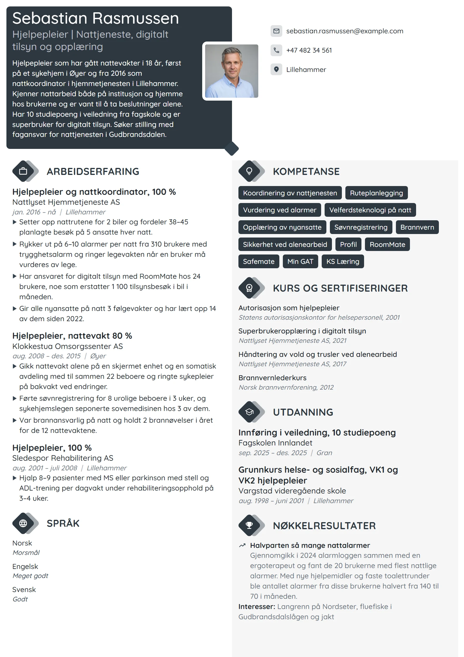 CV-eksempel for hjelpepleier og koordinator på natt