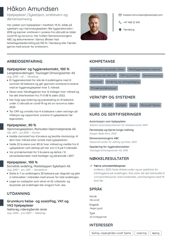 CV-eksempel for hjelpepleier på sykehjem