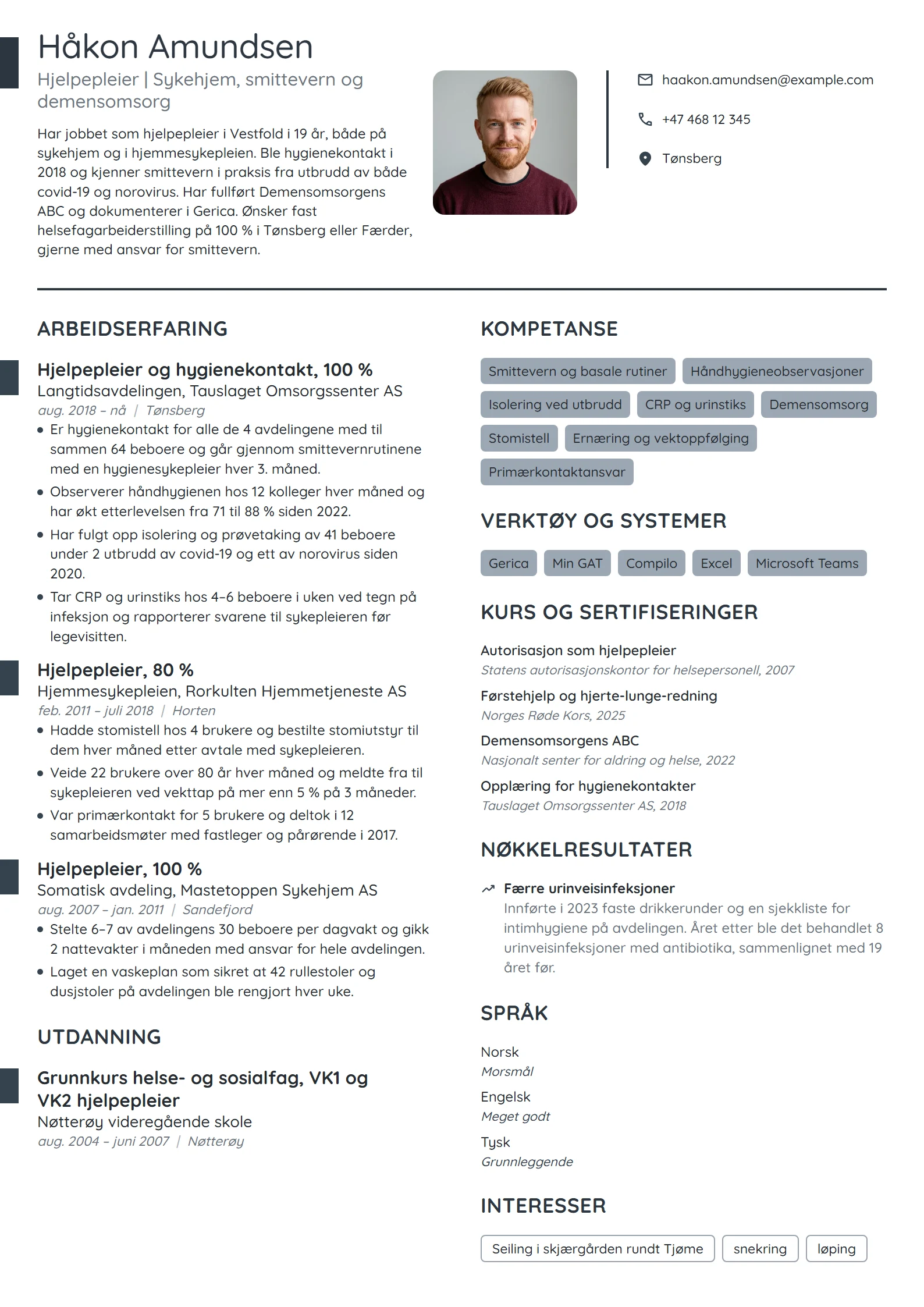 CV-eksempel for hjelpepleier på sykehjem