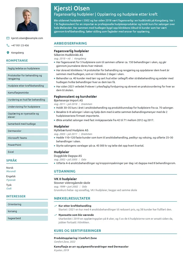 CV-eksempel for fagansvarlig hudpleier