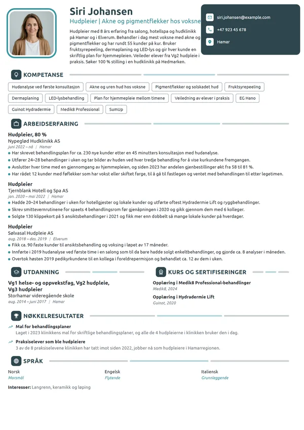 CV-eksempel for hudpleier i hudklinikk