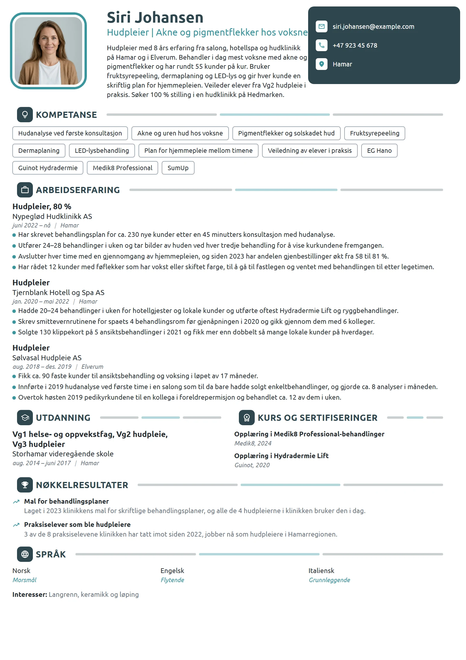 CV-eksempel for hudpleier i hudklinikk