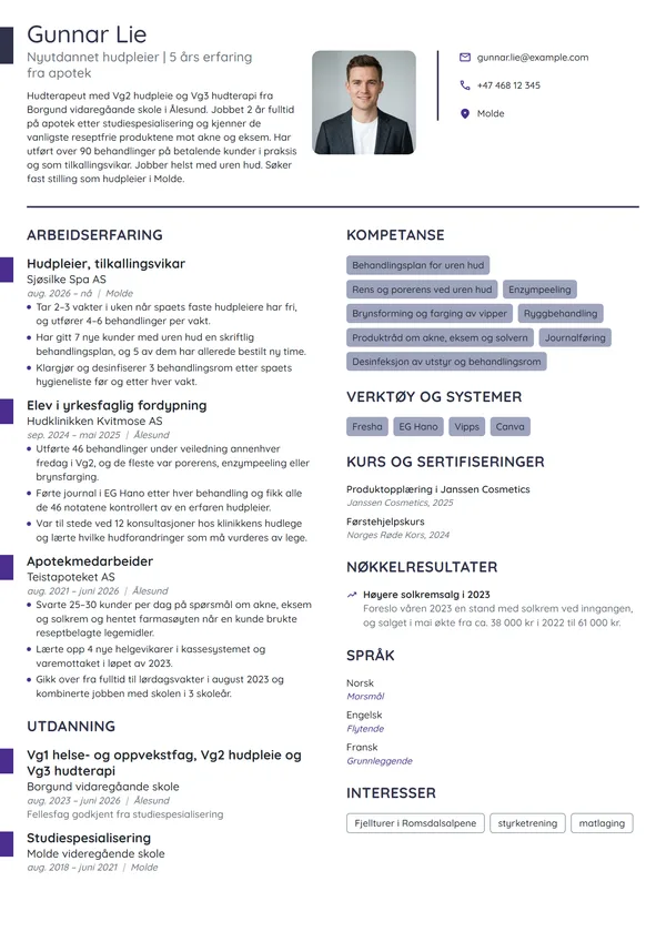 CV-eksempel for nyutdannet hudpleier