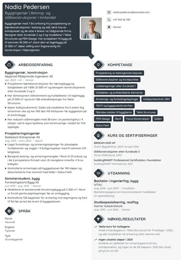 CV-eksempel for byggingeniør, konstruksjon