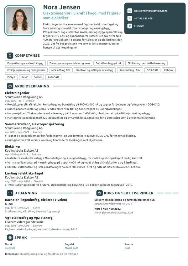 CV-eksempel for elektroingeniør med fagbrev som elektriker