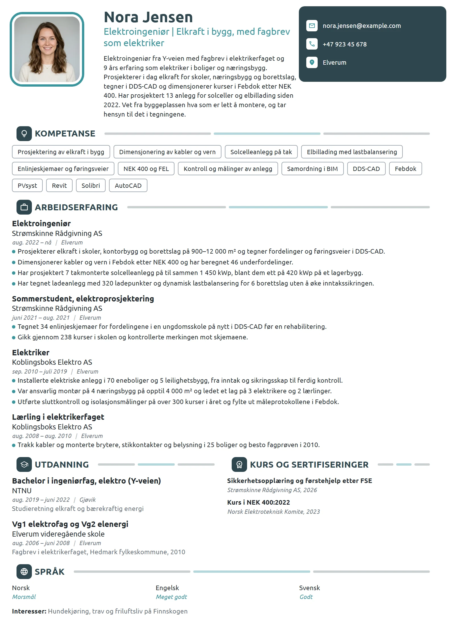 CV-eksempel for elektroingeniør med fagbrev som elektriker