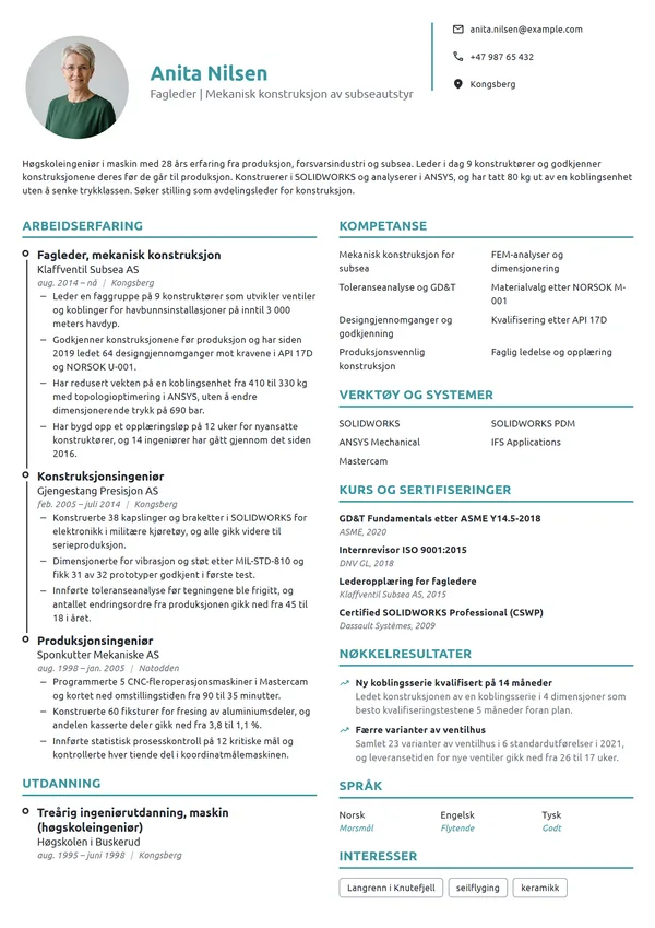CV-eksempel for fagleder, mekanisk konstruksjon