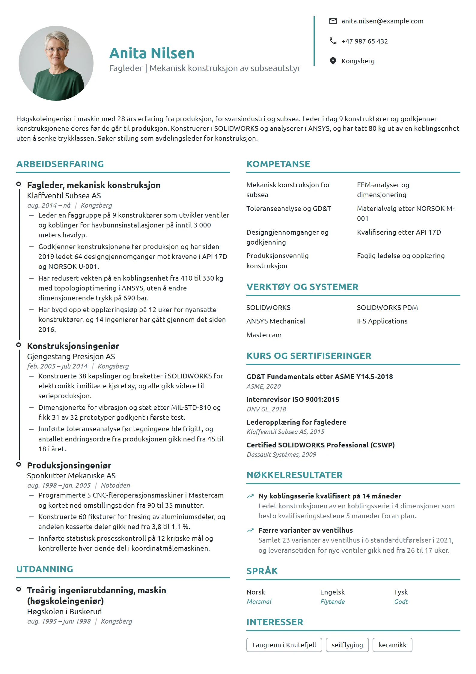 CV-eksempel for fagleder, mekanisk konstruksjon
