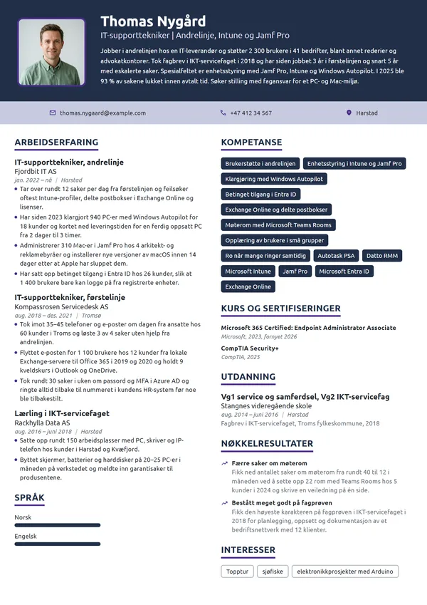 CV-eksempel for IT-supporttekniker i andrelinjen