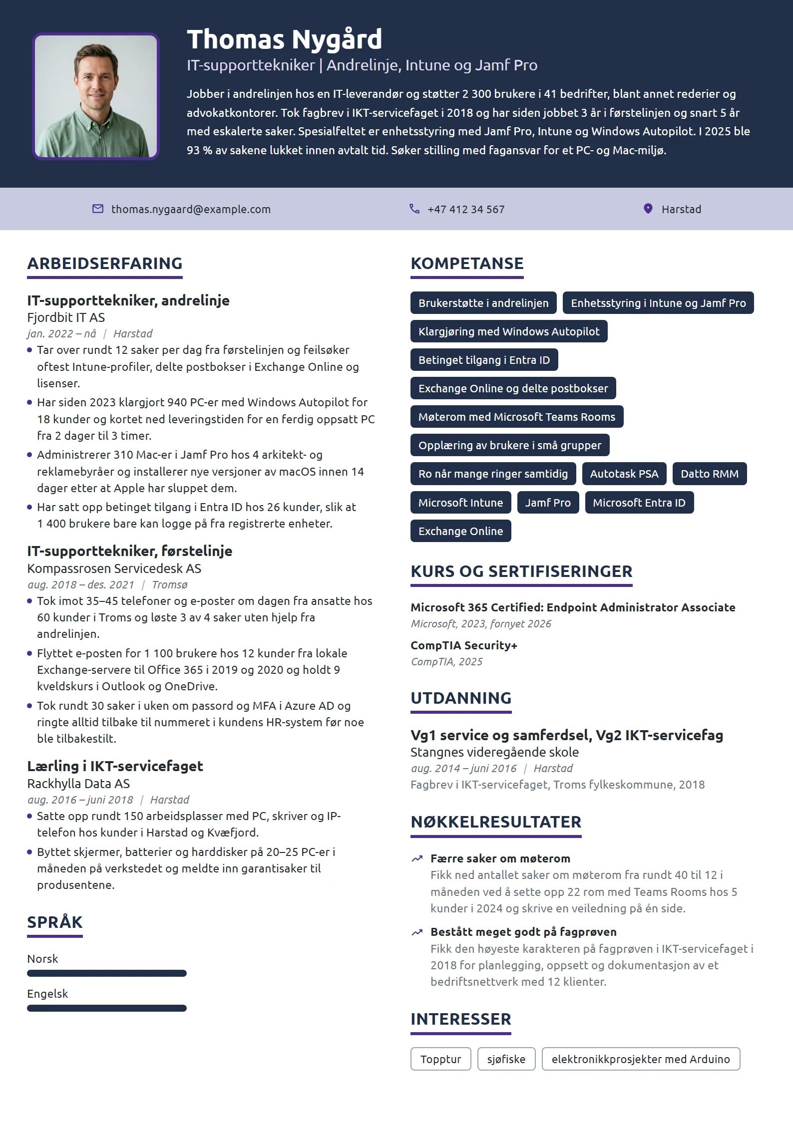 CV-eksempel for IT-supporttekniker i andrelinjen