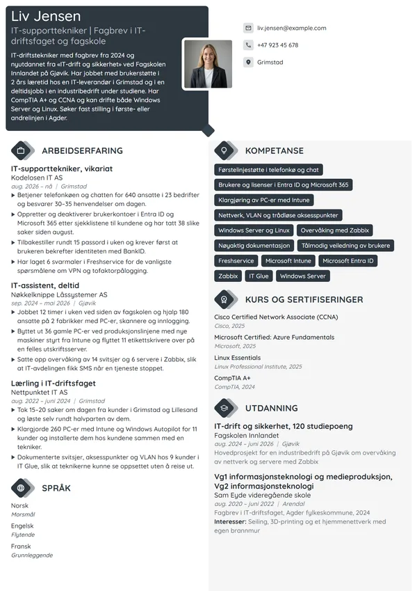 CV-eksempel for nyutdannet IT-supporttekniker