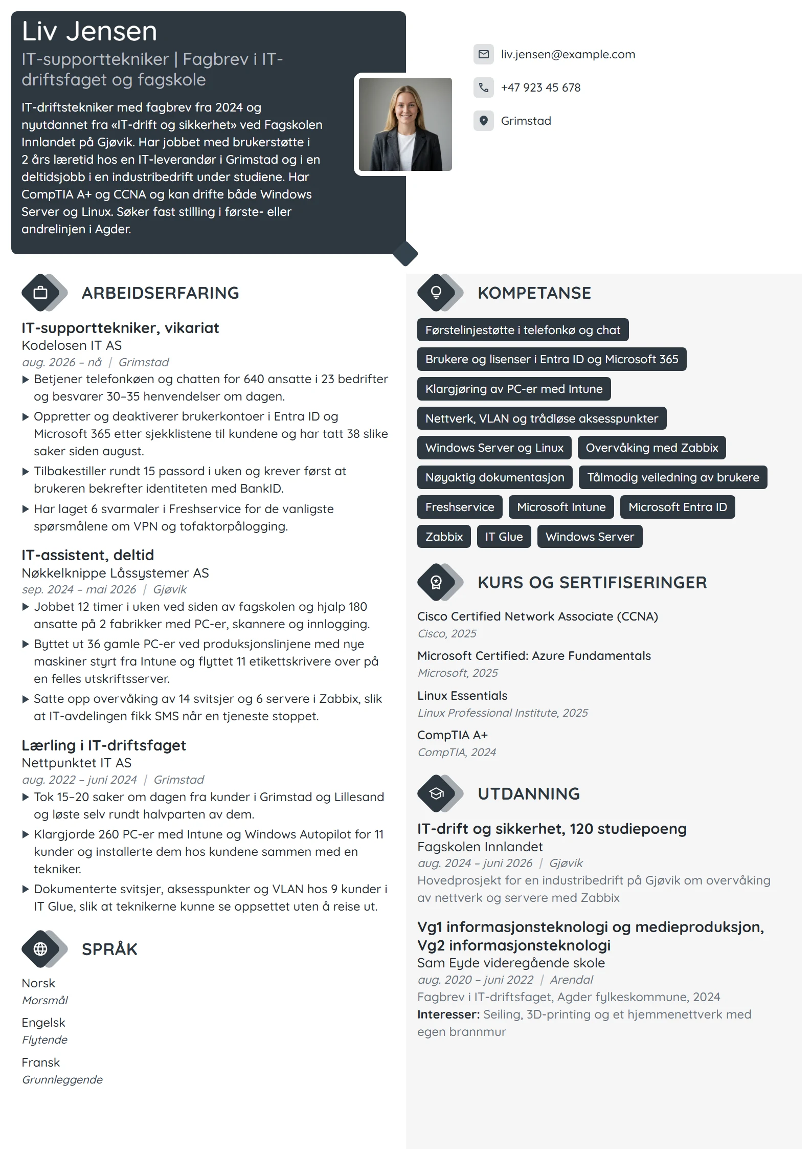 CV-eksempel for nyutdannet IT-supporttekniker