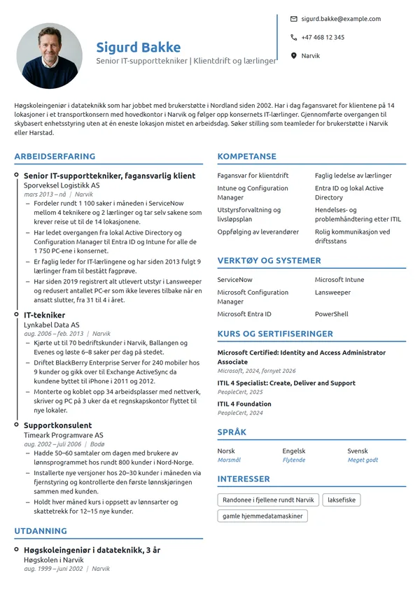 CV-eksempel for senior IT-supporttekniker og faglig leder