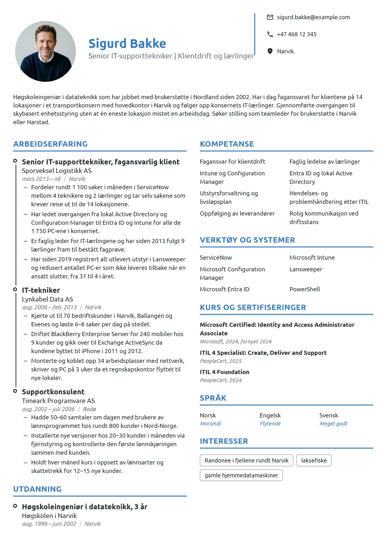 CV-eksempel for senior IT-supporttekniker og faglig leder