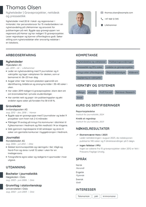 CV-eksempel for nyhetsleder i regionavis