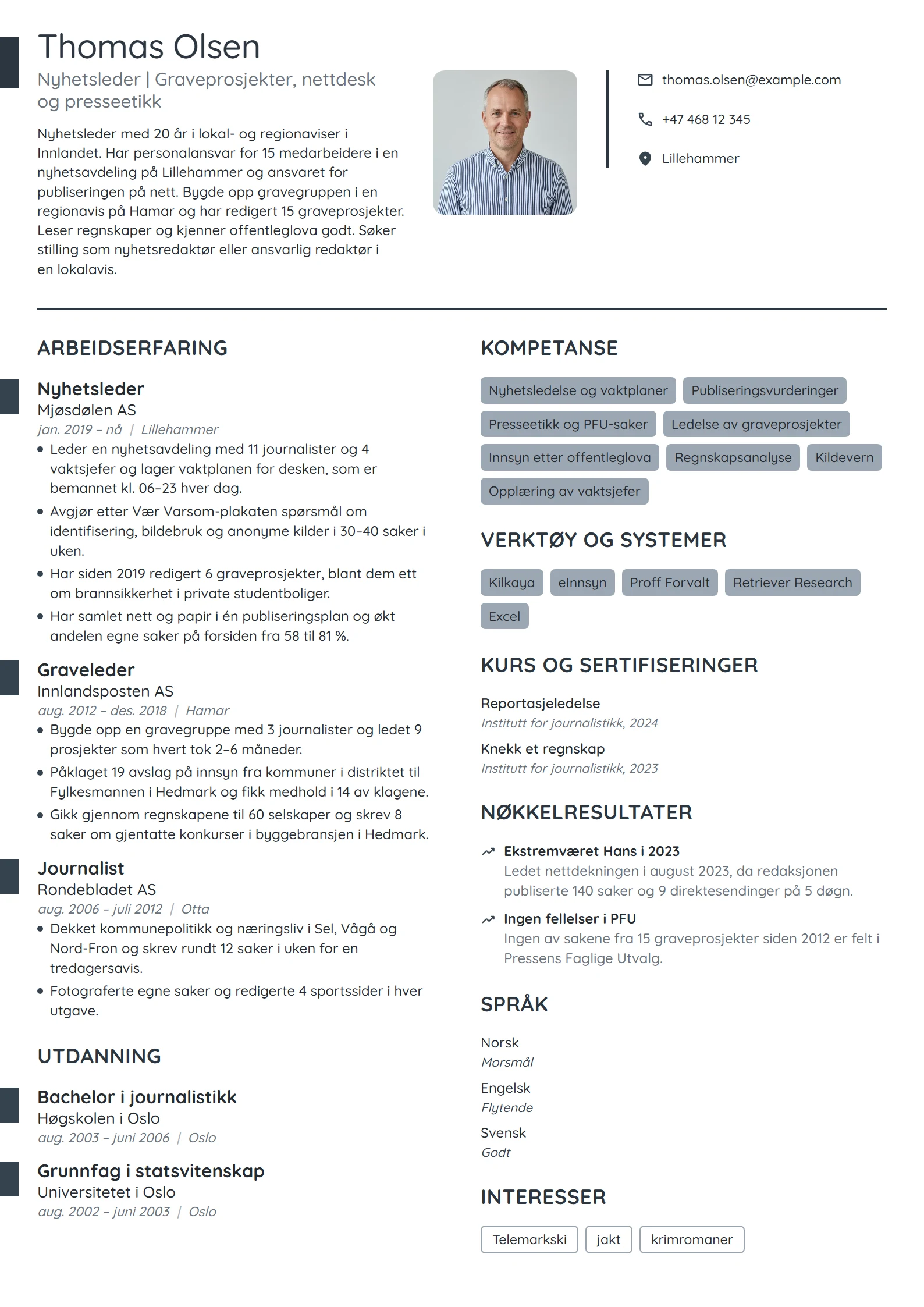 CV-eksempel for nyhetsleder i regionavis
