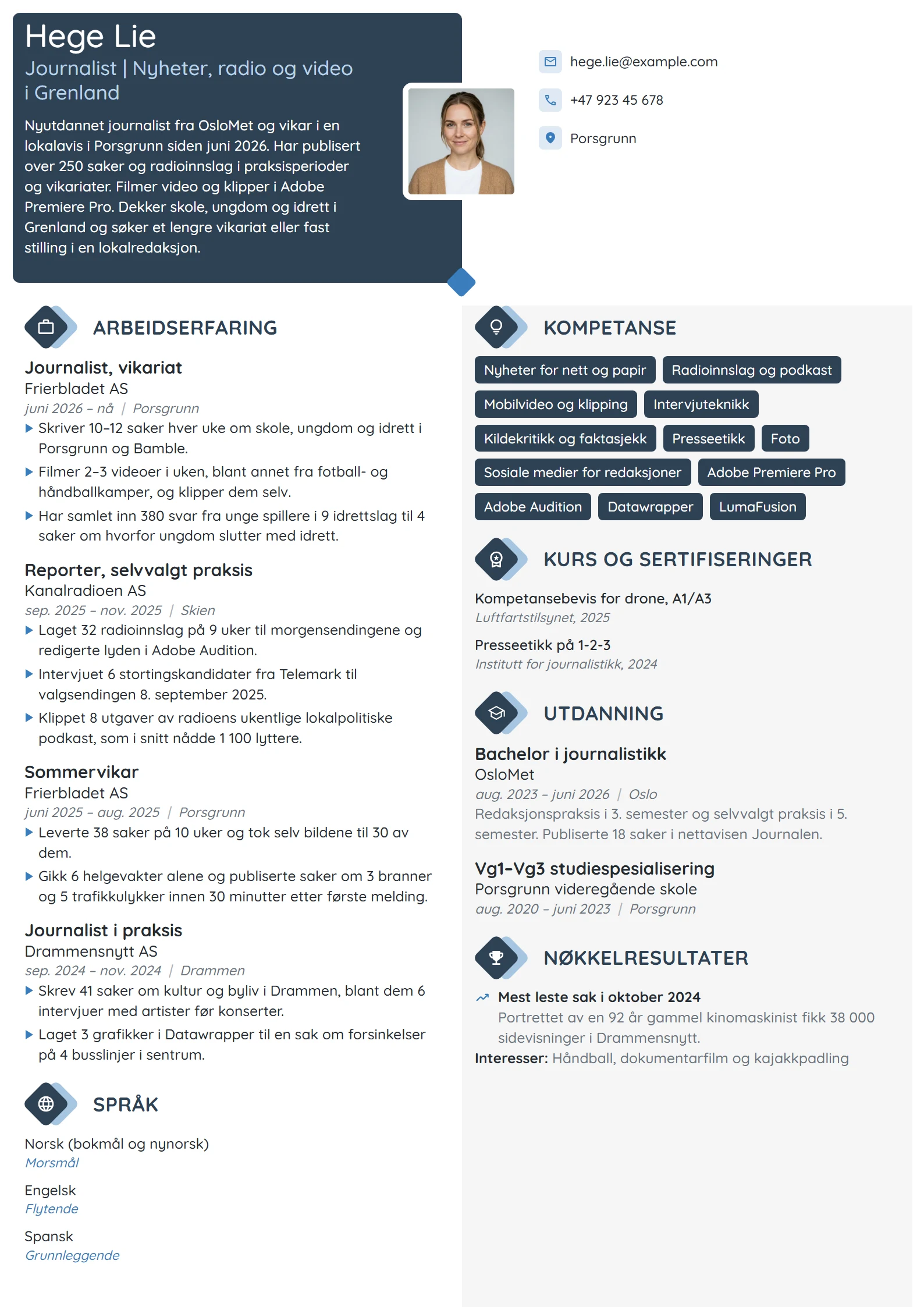 CV-eksempel for nyutdannet journalist