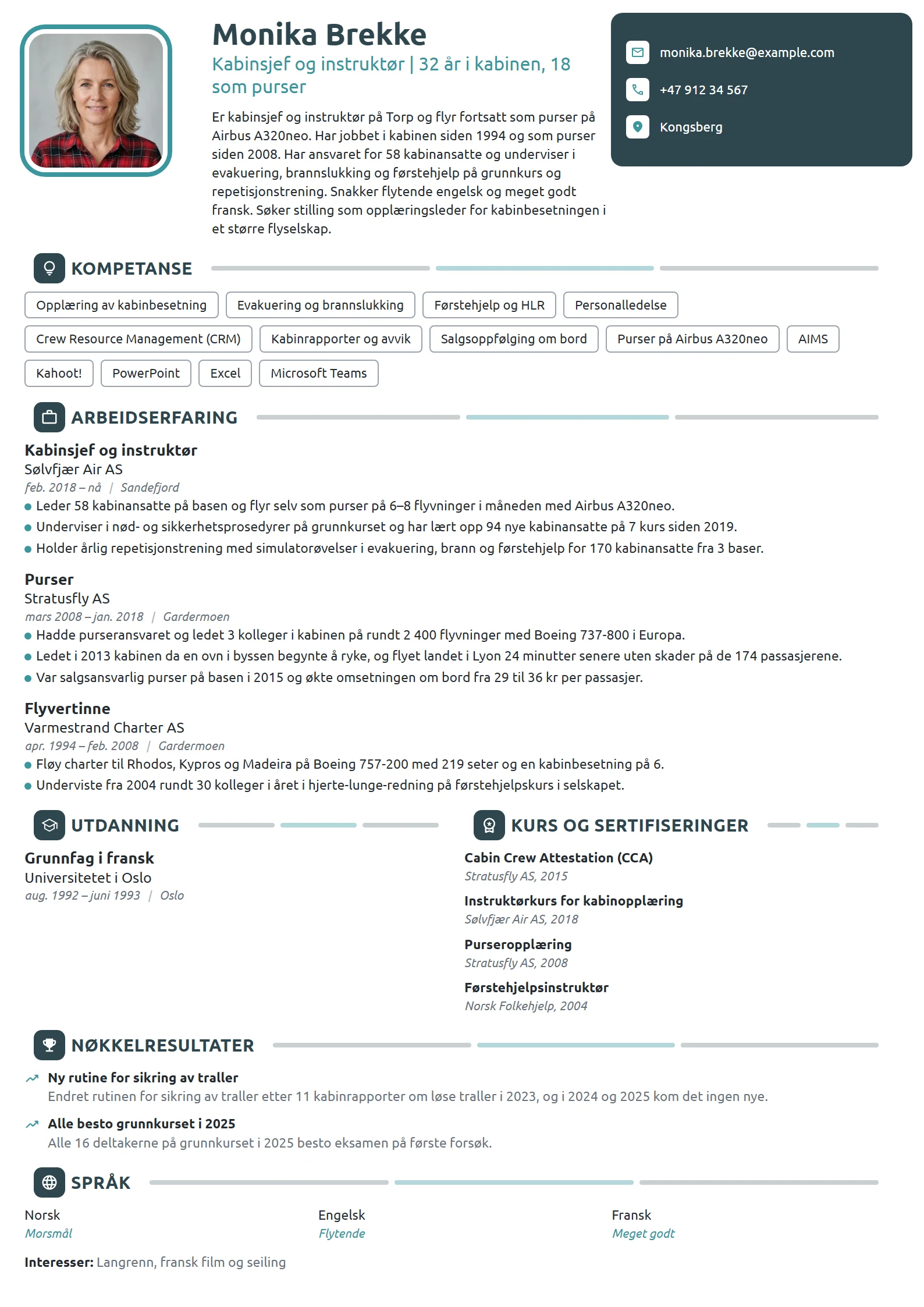 CV-eksempel for kabinsjef og instruktør