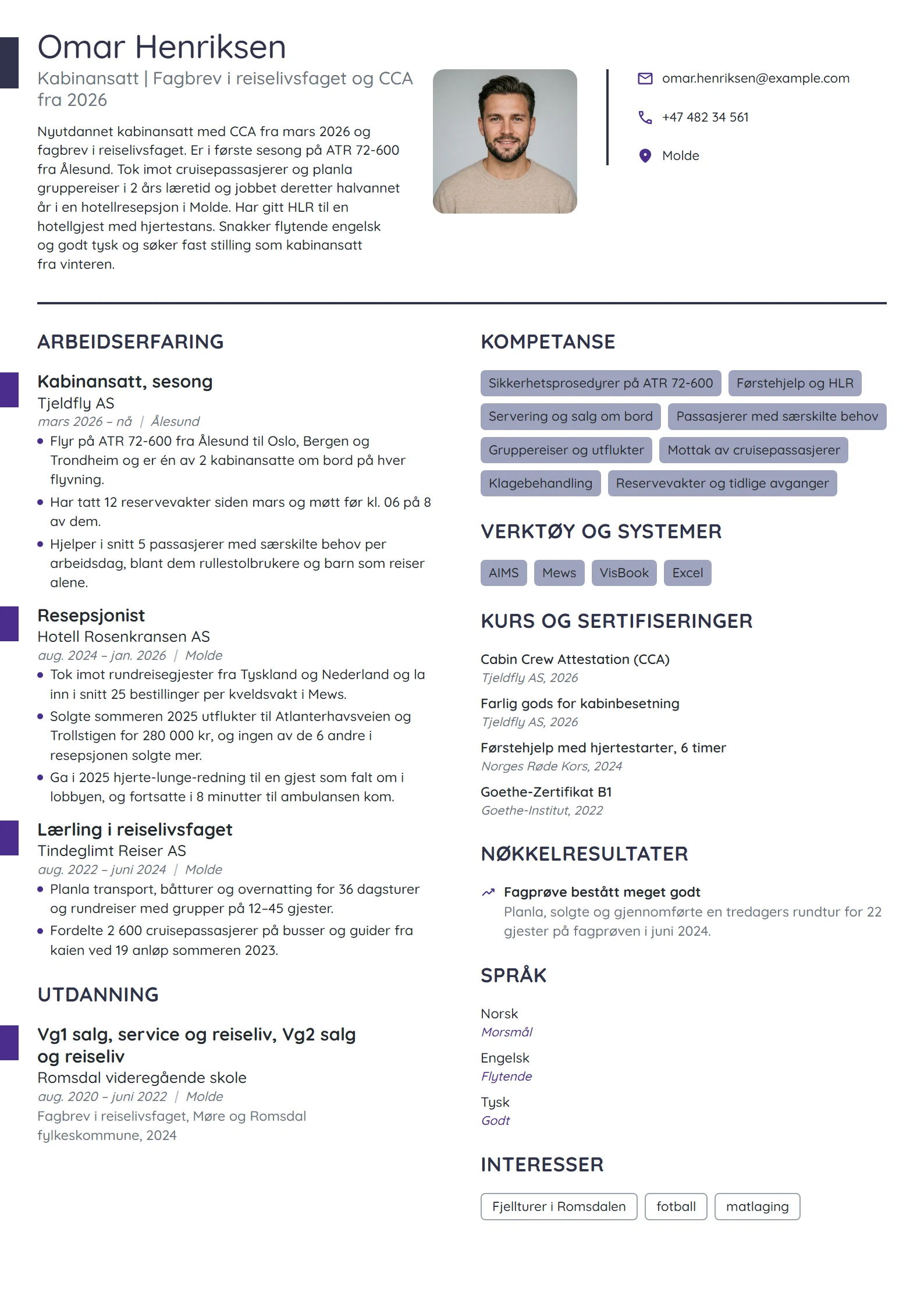 CV-eksempel for nyutdannet kabinansatt