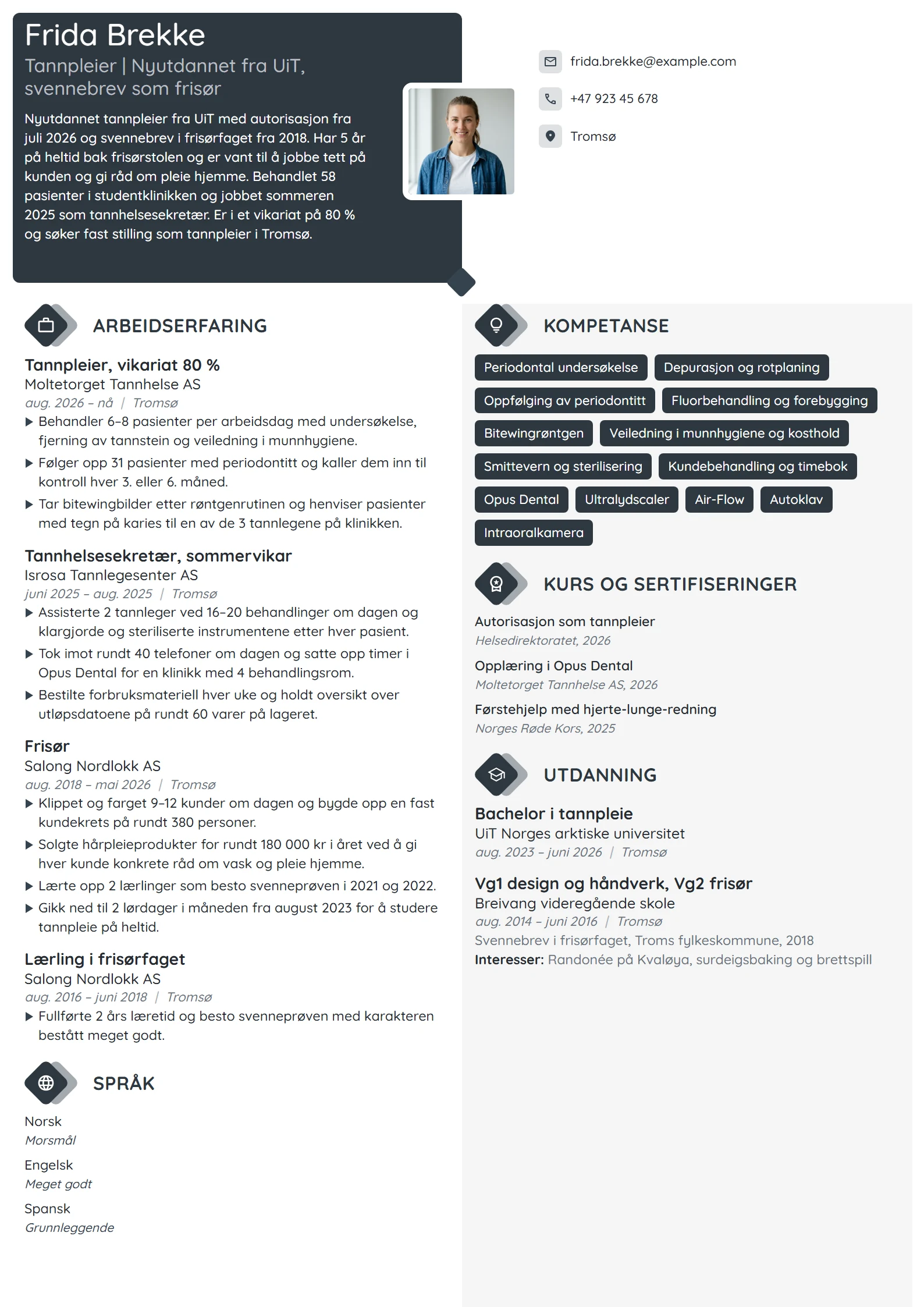 CV-eksempel for nyutdannet tannpleier, tidligere frisør
