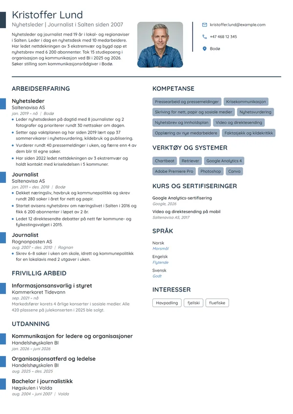 CV-eksempel for fra journalist til kommunikasjonsrådgiver