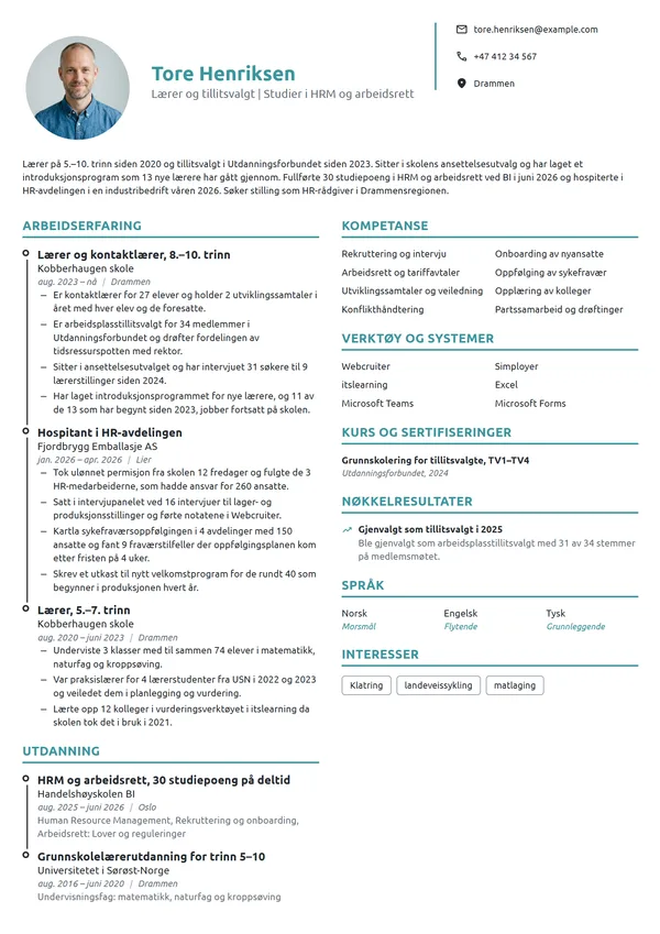 CV-eksempel for lærer på vei inn i HR