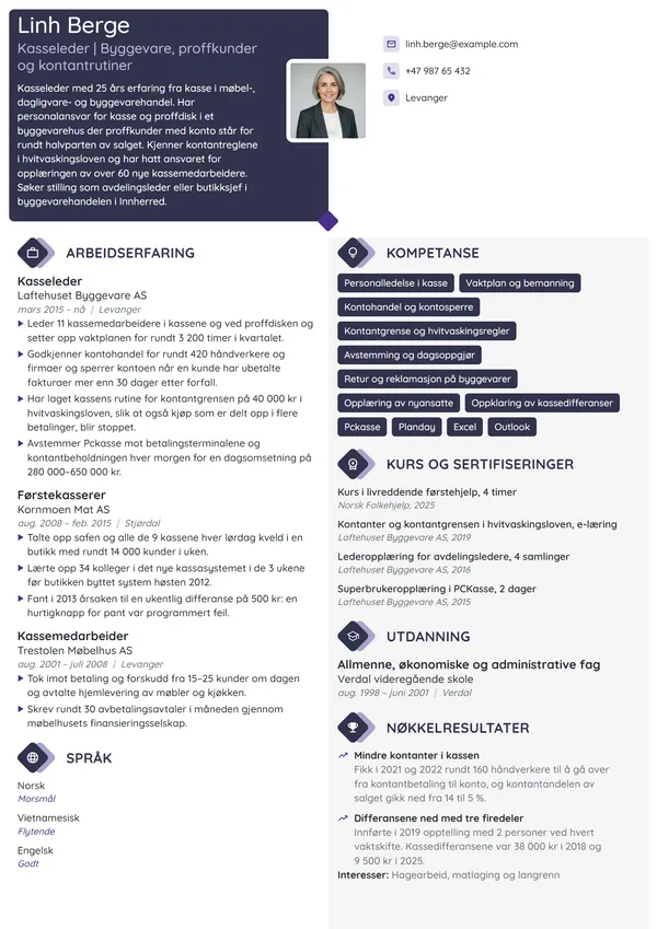 CV-eksempel for kasseleder i byggevarehus
