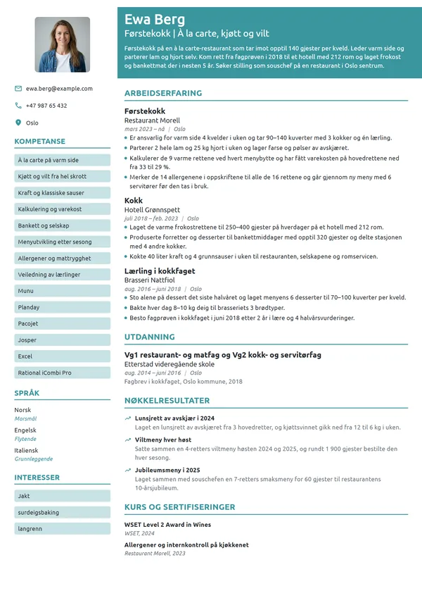 CV-eksempel for kokk i à la carte-restaurant