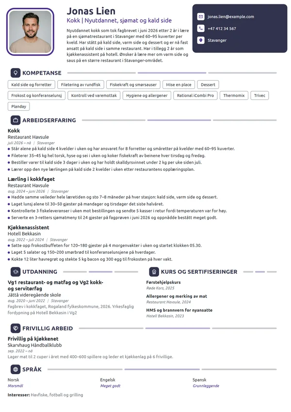 CV-eksempel for nyutdannet kokk med fagbrev