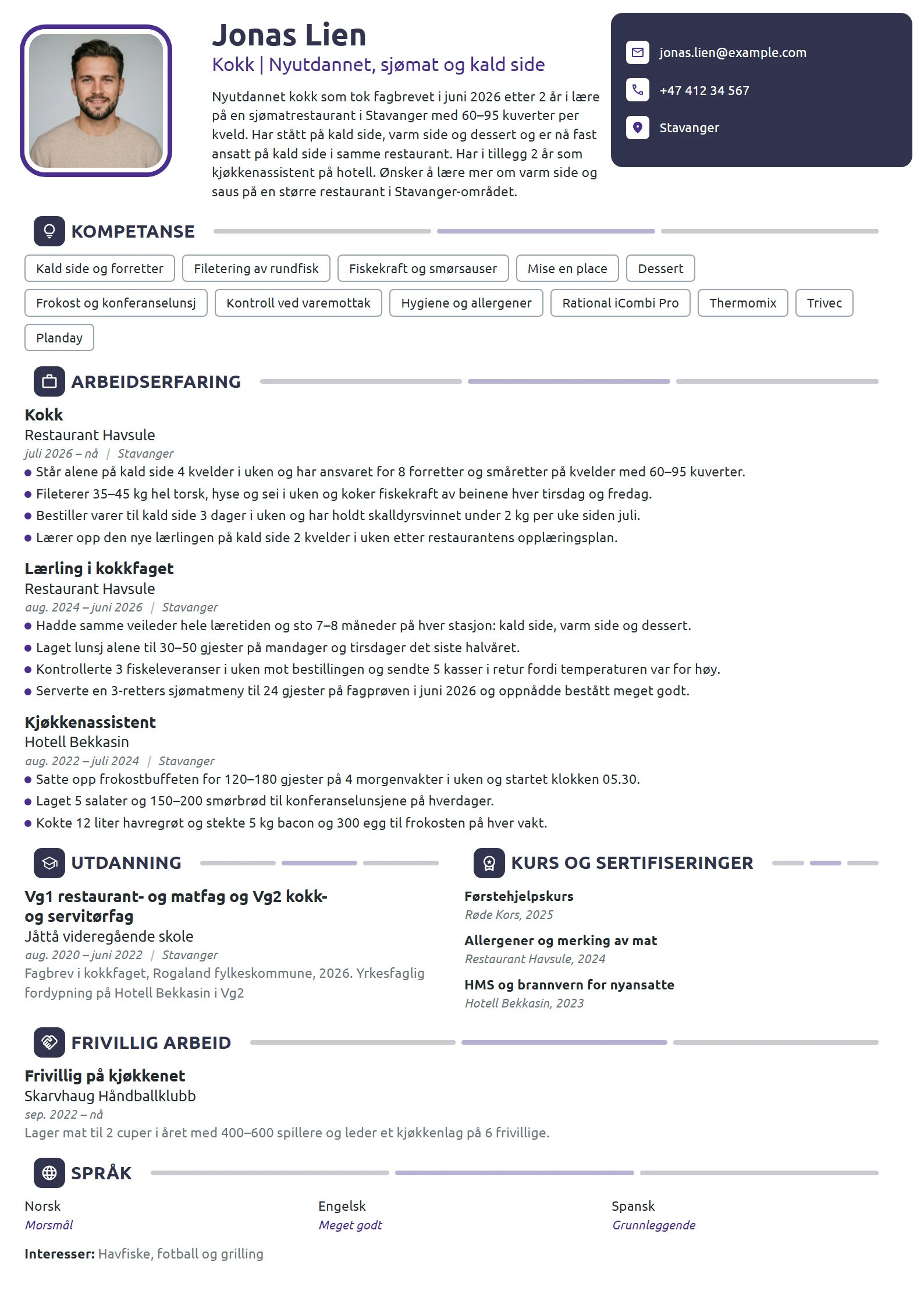 CV-eksempel for nyutdannet kokk med fagbrev