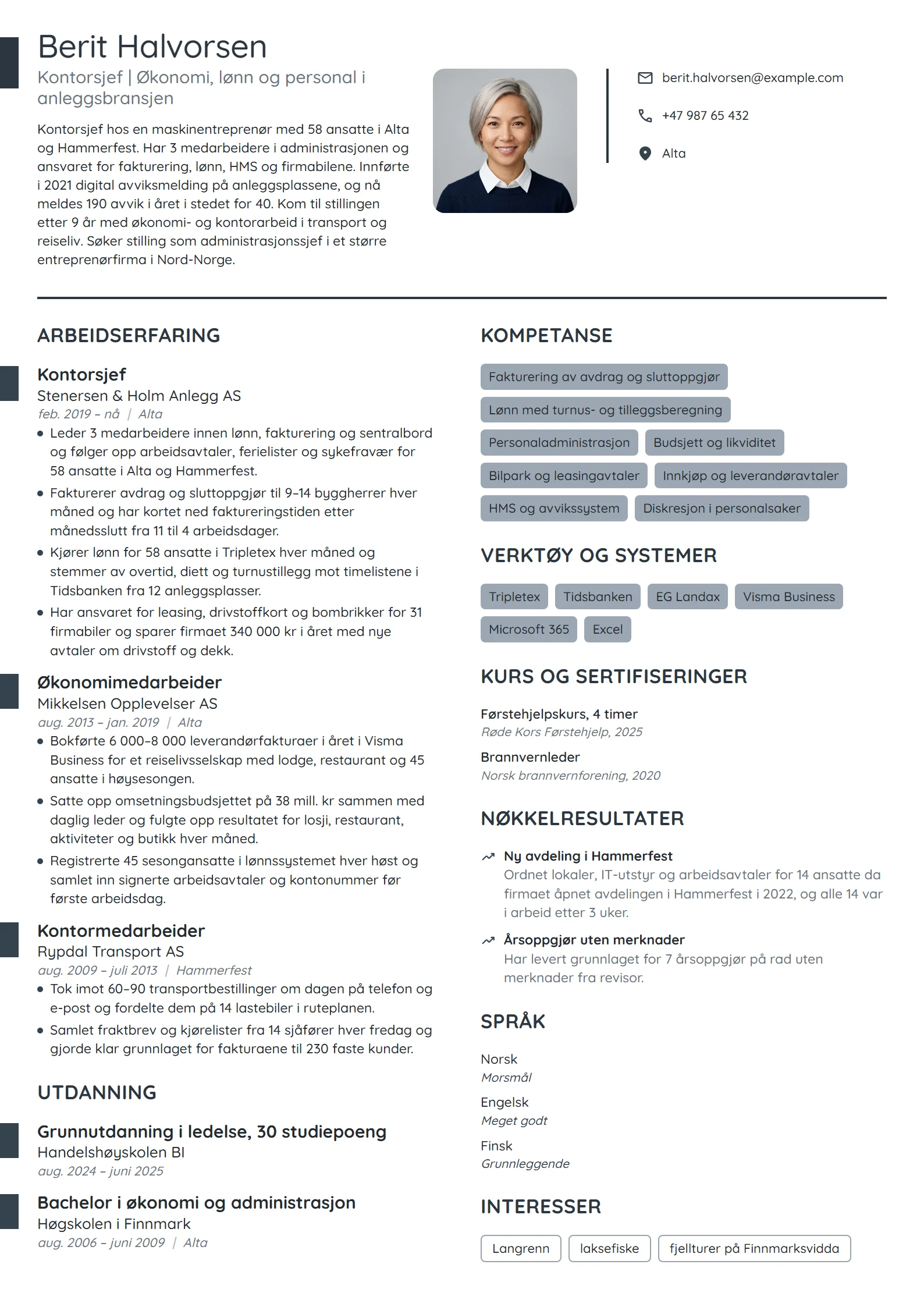 CV-eksempel for kontorsjef i anleggsfirma