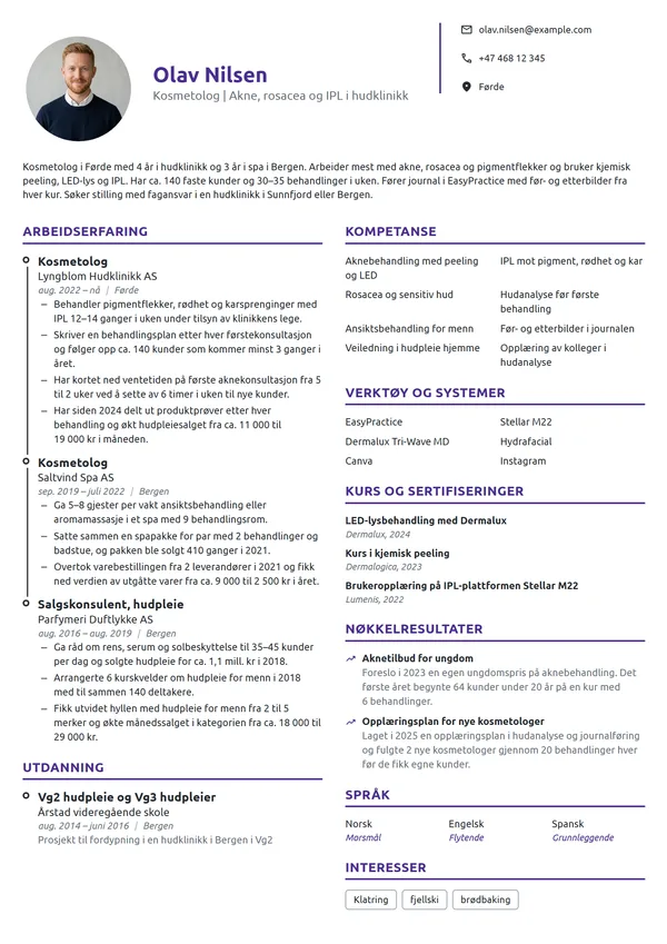 CV-eksempel for kosmetolog i hudklinikk