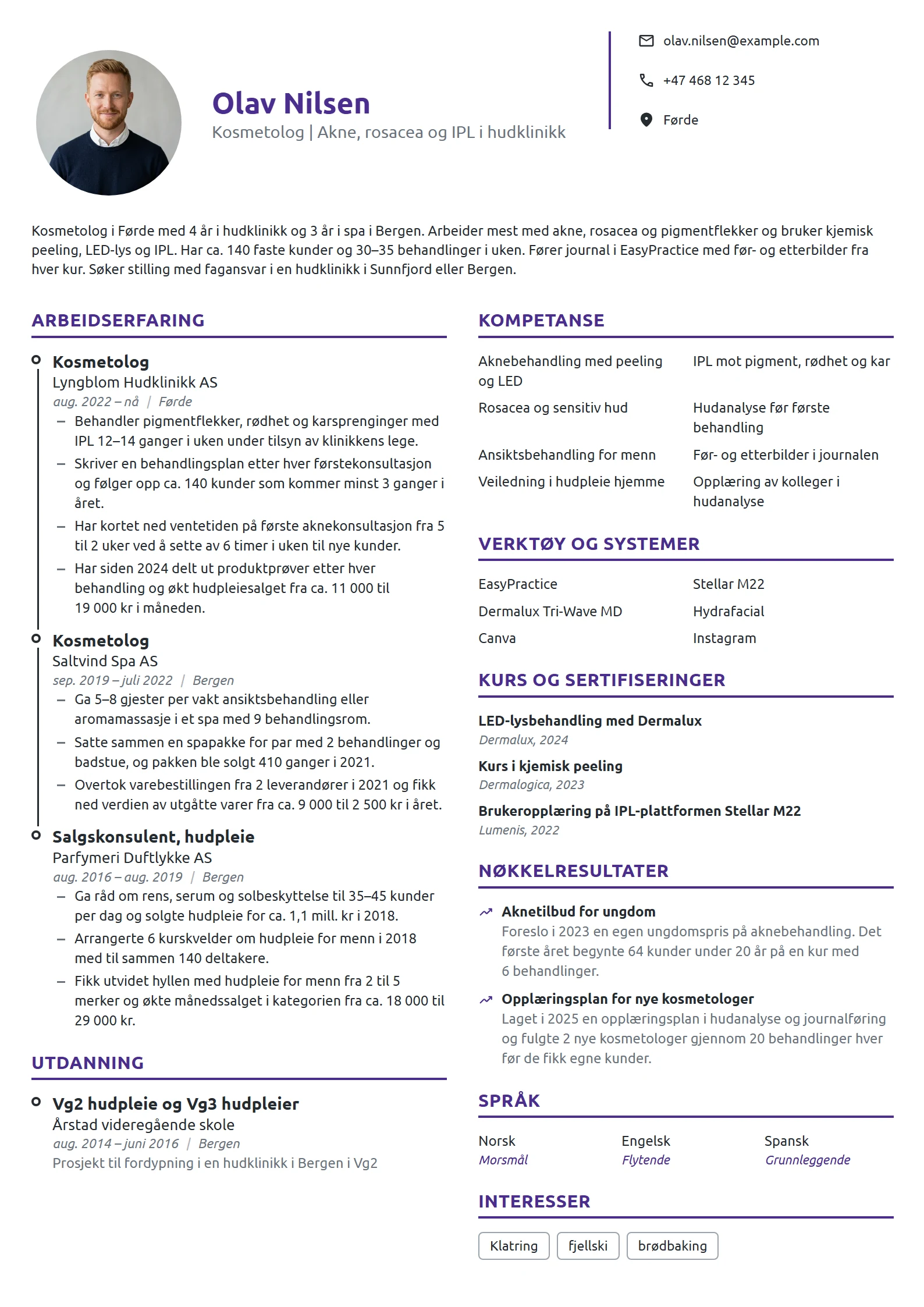 CV-eksempel for kosmetolog i hudklinikk
