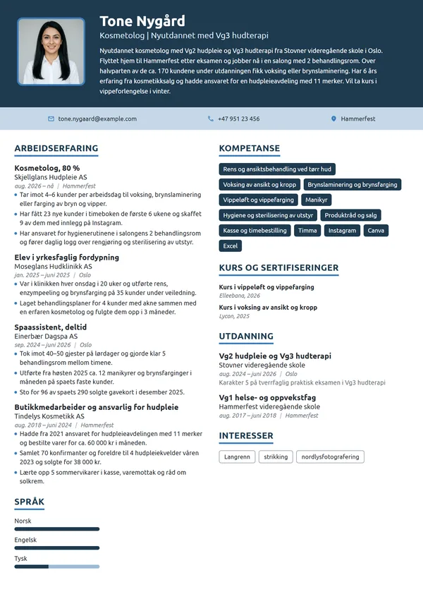 CV-eksempel for nyutdannet kosmetolog