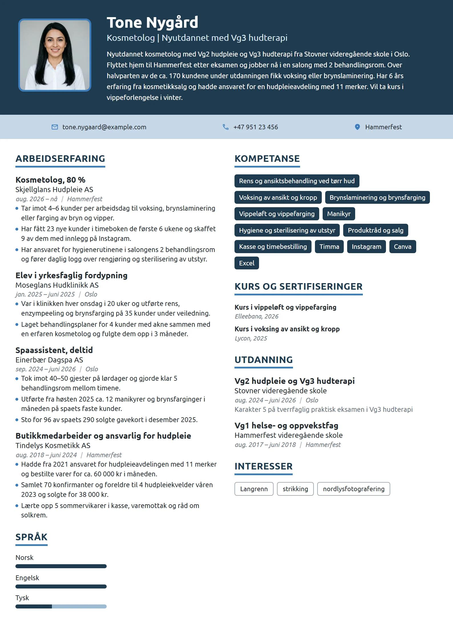CV-eksempel for nyutdannet kosmetolog