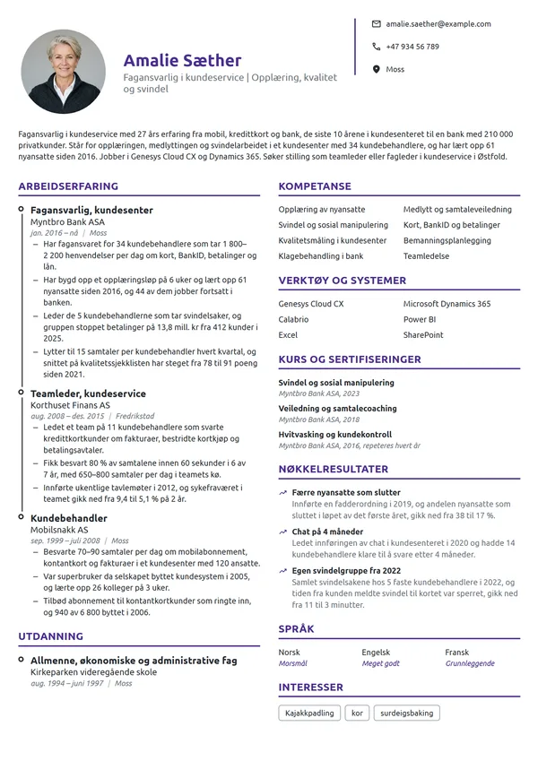 CV-eksempel for fagansvarlig i kundeservice, bank